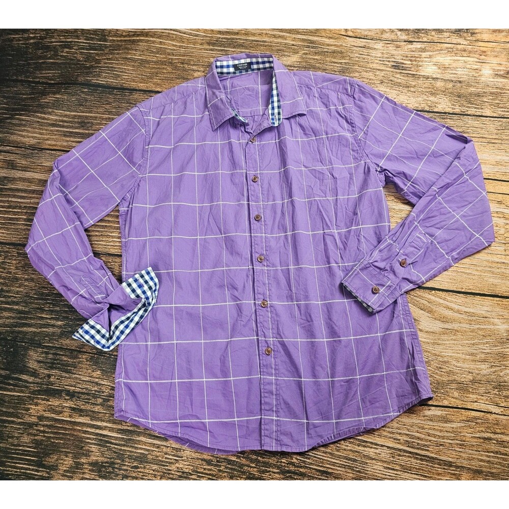 Coofandy Men's L Purple Plaid Button Up Long Sleeve Shirt Cotton Blend READ